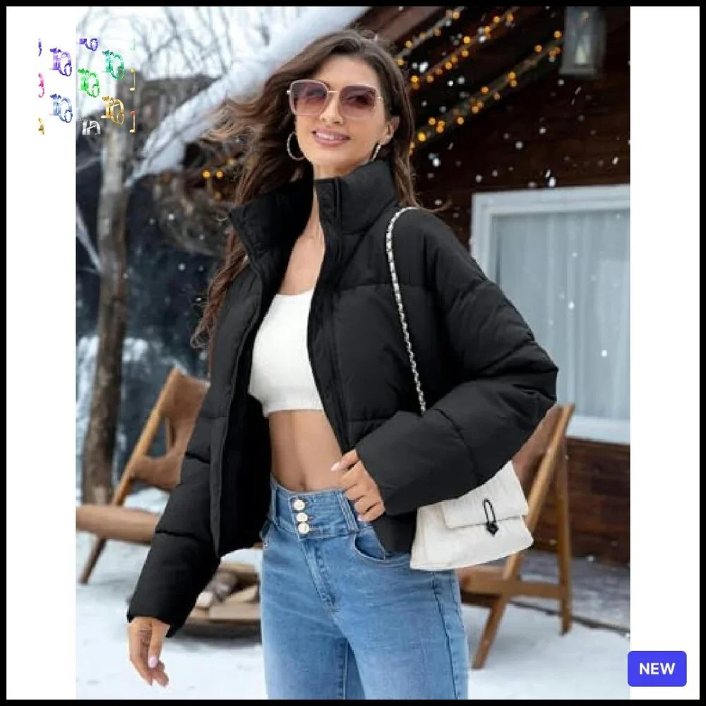 Cropped Quilted Puffer Jacket Winter Outerwear Full Zipper Padded Slim Fit Chic - Picture 3 of 8